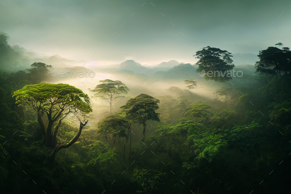 Misty jungle rainforest from above in the morning. - Stock Photo - Images