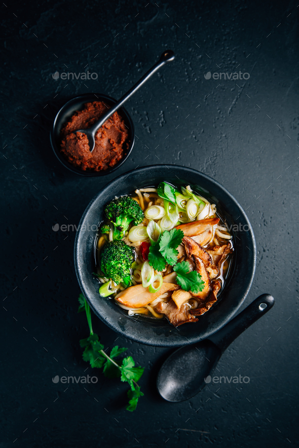Vegan miso or ramen soup with mushrooms and vegetables - Stock Photo - Images