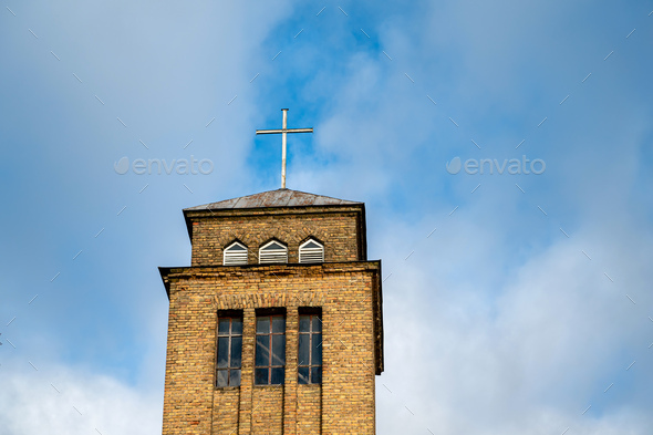 The bell tower of St. Ignatius Roman Catholic Church of Akn?ste on the background of the sky. - Stock Photo - Images