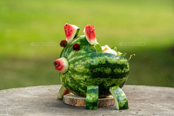 creative pig shaped fruit bowl made of watermelon, creativity concept - Stock Photo - Images