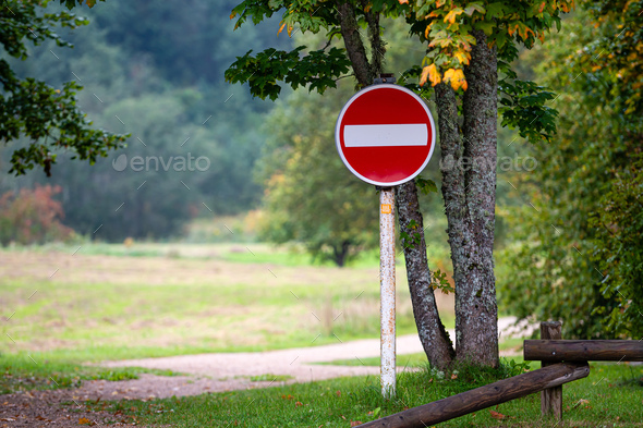 Red road sign "No entry" at the entrance to private territory. - Stock Photo - Images