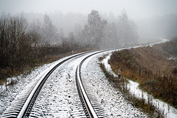 Winter landscape. Railway on a frosty morning - Stock Photo - Images