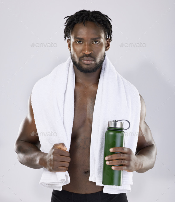 Portrait Fitness And Water Bottle With A Sports Black Man Or