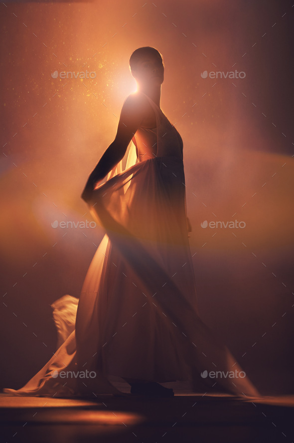 Orange lighting, fantasy and silhouette of woman with stylish dress for creative fashion, art deco