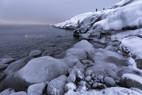 Trip to Teriberka. Winter landscape of Barents Sea. Kola Peninsula. Russia - Stock Photo - Images