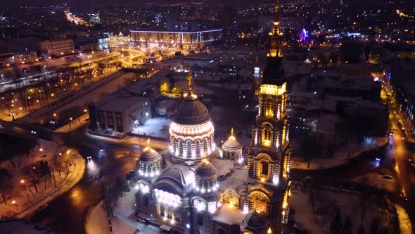 Holy Annunciation Cathedral, night Kharkiv aerial