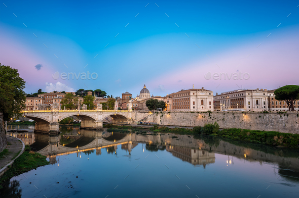 Rome skyline with Vatican St. Peter Basilica and St. Angelo Bridge at sunrise - Stock Photo - Images