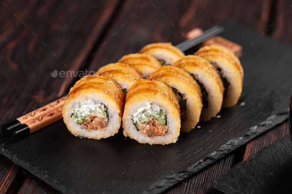 Hot Tempura Roll With Salmon And Cheese Traditional Delicious