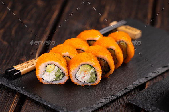 Fusion California Roll Sushi,stuff with Salmon,cucumber,crab Stick and  Sweet Egg,Stylist Food with Blur Boken Background,Japanese Stock Photo -  Image of maguro, local: 91910644