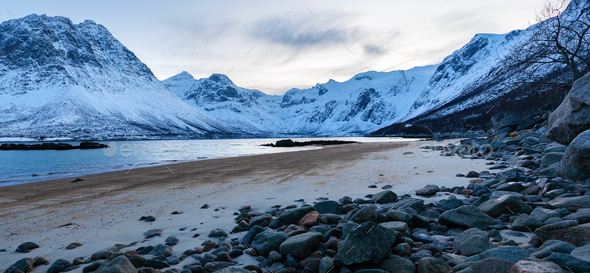 Beautiful panoramic view of fjord, beach and landscape near Tromso, Norway - Stock Photo - Images