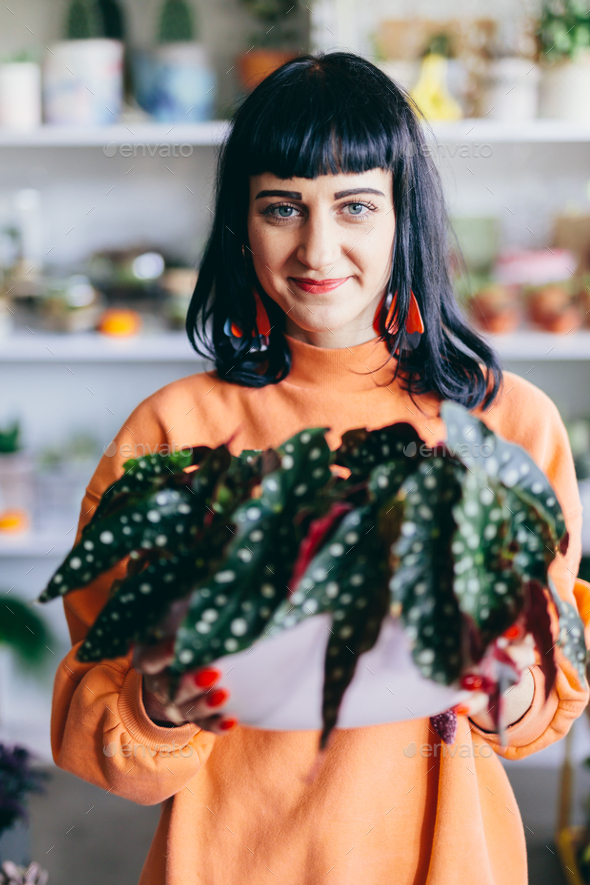 Woman with green plant in florist shop. - Stock Photo - Images