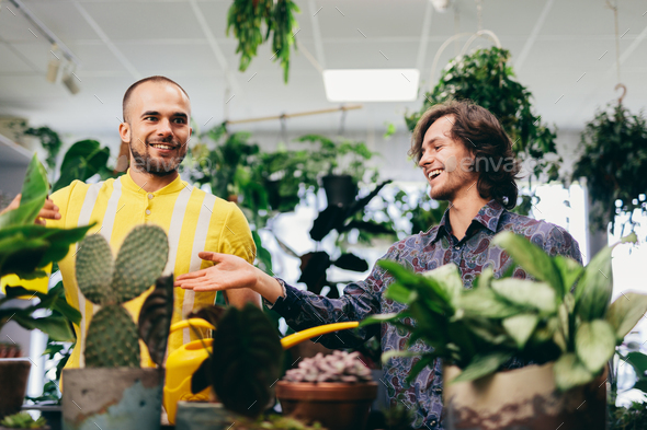 Two men work in florist shop. - Stock Photo - Images