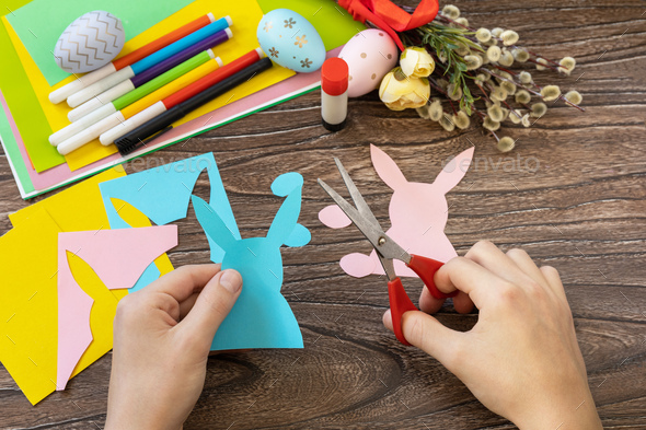 Instructions, step 3. Easter congratulation card with Easter bunny. Handmade. - Stock Photo - Images