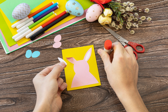 Instructions, step 4. Easter congratulation card with Easter bunny. Handmade.  - Stock Photo - Images