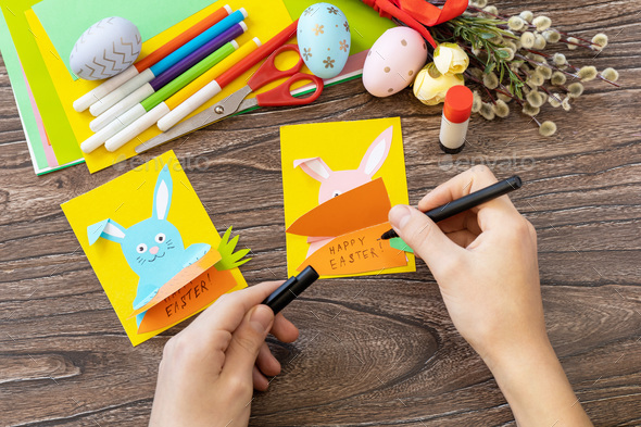 Instructions, step 9. Easter congratulation card with Easter bunny. Handmade. - Stock Photo - Images