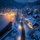 Aerial view of town in snow, road, forest, lake and houses - PhotoDune Item for Sale