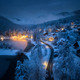 Aerial view of town in snow, road, forest, lake and houses - PhotoDune Item for Sale