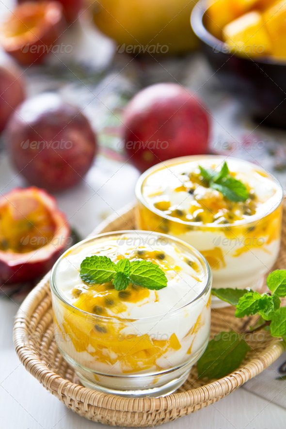 Passion fruit and Mango yogurt Stock Photo by vanillaechoes | PhotoDune