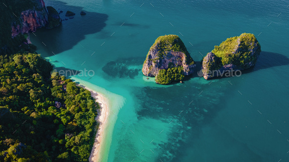 Aerial drone view of Railay beach Krabi Thailand with limestone cliffs - Stock Photo - Images