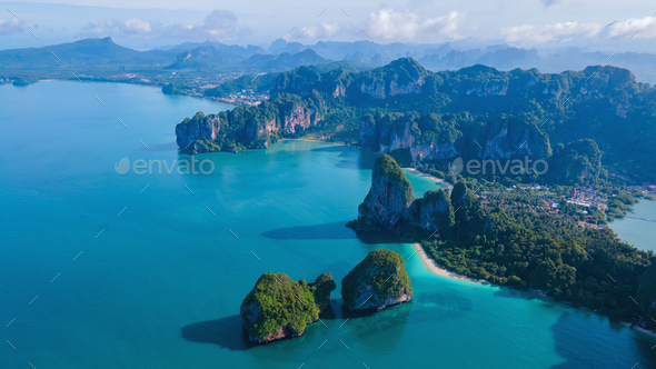 Aerial drone view of Railay beach Krabi Thailand with limestone cliffs - Stock Photo - Images
