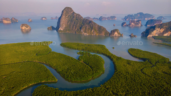 panorama view of Sametnangshe, view of mountains in Phangnga bay mangrove forest Phangnga, Thailand - Stock Photo - Images