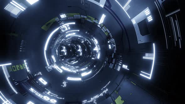 Flying into spaceship tunnel, sci-fi spaceship corridor.