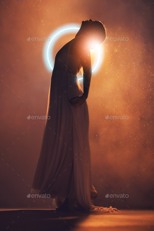 Neon circle, silhouette and woman in orange lighting with dress for creative fashion, art deco and