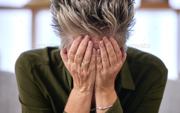 Elderly woman, facepalm and stress for depression, fatal results and emotional with distress, menta