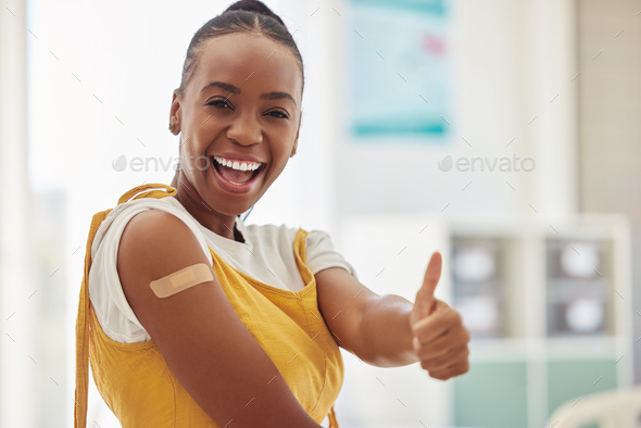 Vaccine bandage, covid 19 and woman portrait with thumbs up emoji gesture for healthcare, medicine