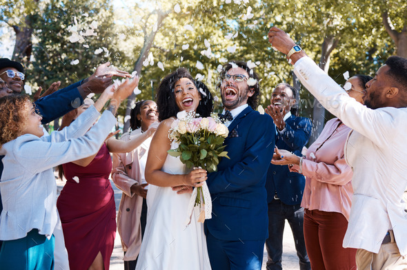 Wedding confetti, marriage couple and celebration of audience throwing ...