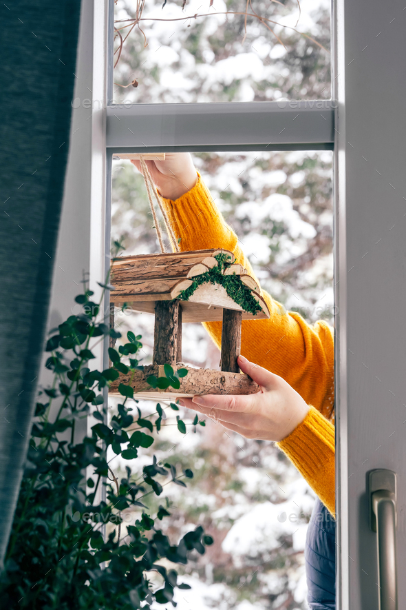 Woman hanging a bird feeder on balcony. - Stock Photo - Images