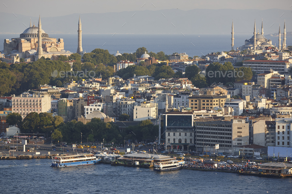 Vehicle and maritime traffic in Galata bridge strait. Istanbul, Turkey
