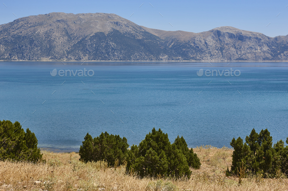 Landscape with lake and mountains in Anatolia region. Turkey - Stock Photo - Images