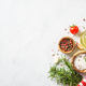 Food background with spices, herbs and utensil on white background. - PhotoDune Item for Sale