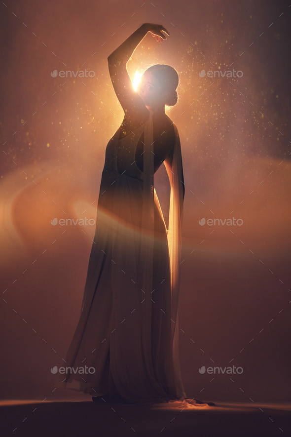 Fantasy, orange lighting and silhouette of woman with stylish dress for creative fashion, art deco