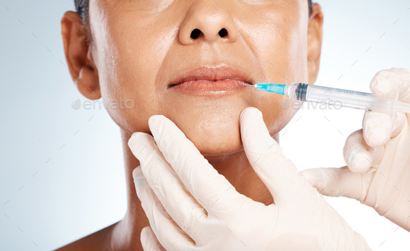 Injection, plastic surgery and lip filler on woman face for cosmetics, collagen and beauty salon. S