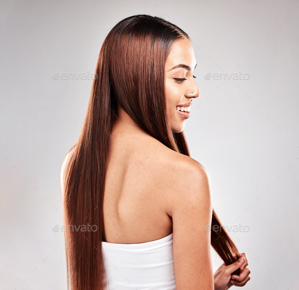 Hair, beauty and back of woman in studio for grooming, healthy hair and  salon treatment on grey bac Stock Photo by YuriArcursPeopleimages
