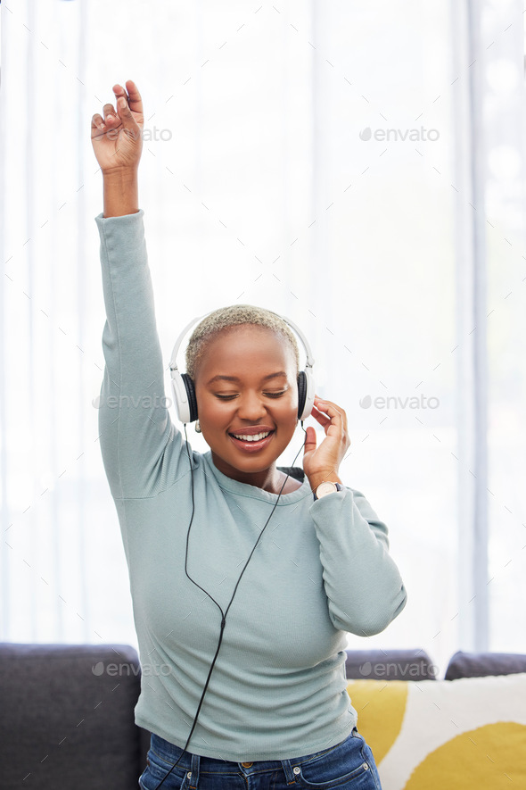 Music, dance and happy black woman listening to African radio, audio podcast or digital playlist so