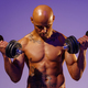 Muscular man doing exercise with weight dumbbells on studio background. Strength and motivation - PhotoDune Item for Sale
