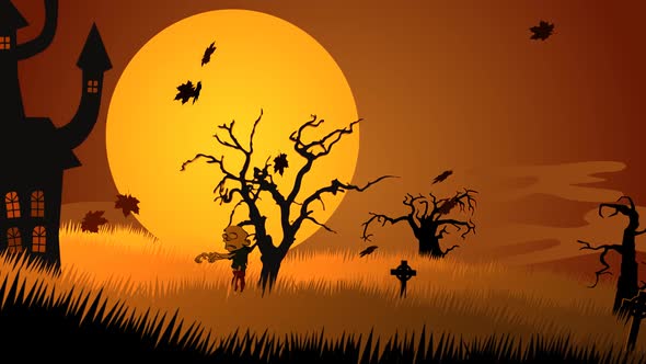 A scary, autumn night with zombies walking on the haunted, mysterious graveyard.