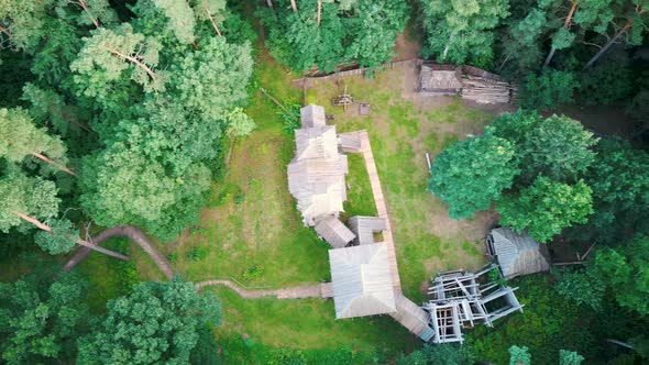 Reconstructed Wooden Castle of Semigallians in Tervete, Latvia Surrounded by Pine Forest. 4K Video alt