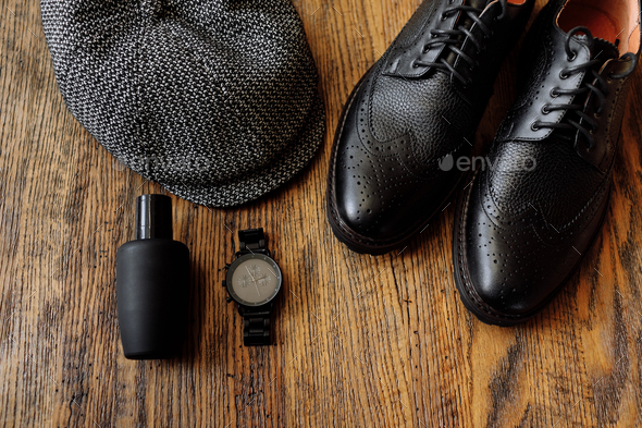 Men's outfits for man clothing set with black classic shoes, watch and  vintage gray hat isolate Stock Photo by andriymedvediuk