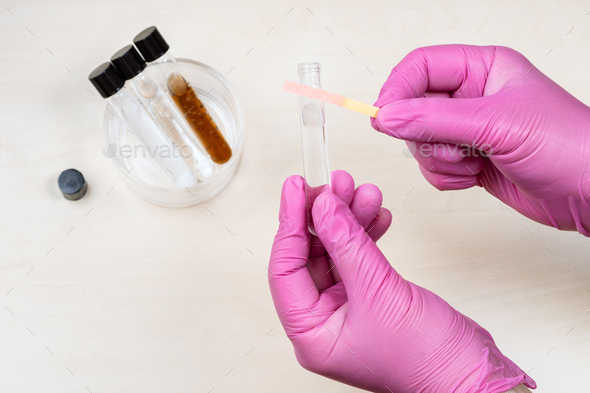 hands holding test tube and pink indicator paper - Stock Photo - Images