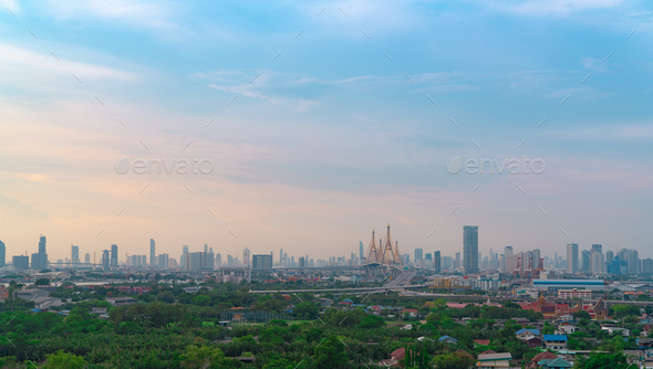 Cityscape of modern building with highway and community in Bangkok. Car driving on elevated bridge. - Stock Photo - Images