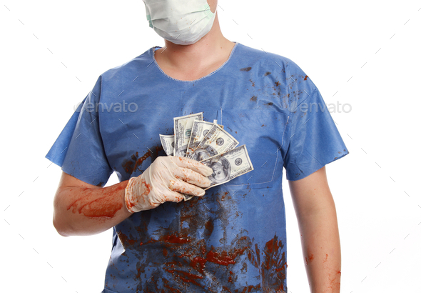 Corrupted doctor covered in blood holding bloody money - corruption concept