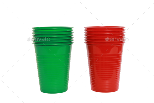 Closeup shot of stacks of red and green plastic cups isolated on a white  background Stock Photo by wirestock