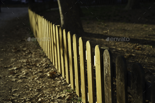 Wooden fence in the Bompiani garden, Milan - Stock Photo - Images