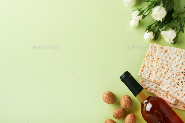 Passover celebration concept. Matzah, red kosher wine, walnut and ...