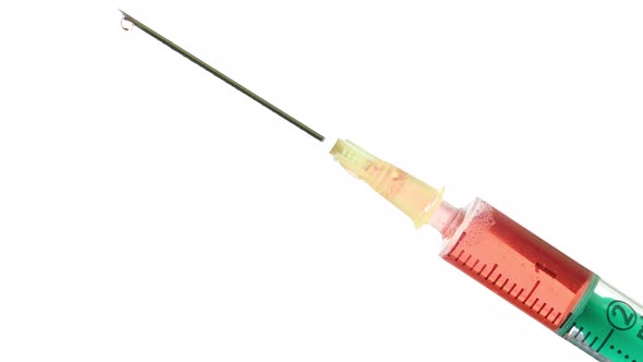 Plastic medical syringe with needle and drops. Medical injection concept. 