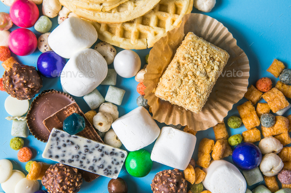 Unhealthy products. Assortment of fast carbohydrates food with candy